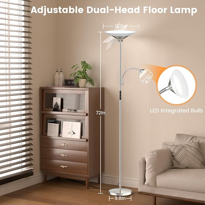 Metallic Sliver Torchiere Floor Lamp, 2 Way 72'' Dimmable LED Standing lamp with Rmote, Multi Color Temps, 34W Tall Light with Independent Control for Living Room Bedroom Office Reading ﻿