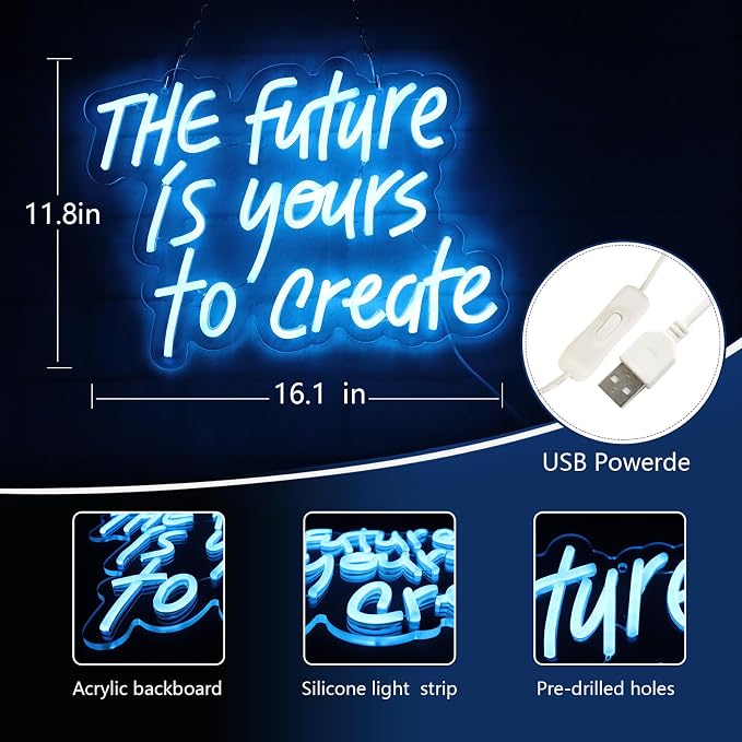 WonderfulLife The Future is Yours to Create Neon Sign for Wall Decor Suitable for Office Man Cave or Bedroom,Fresh Azure Letters Lights can Calm Your Restless Mood.5V USB Powered Easy Hanging.