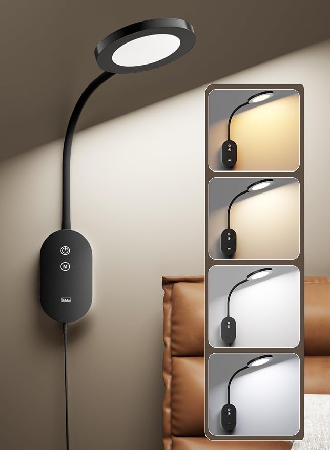 Wall Mounted Reading Light, Book Light for Wall Bed Lamp with 10W USB Output Fast, 4 Hour Auto Off，Eye Caring Reading Lamps with CRI 95 Infinite Dimmable 360° Gooseneck Headboard Light Black
