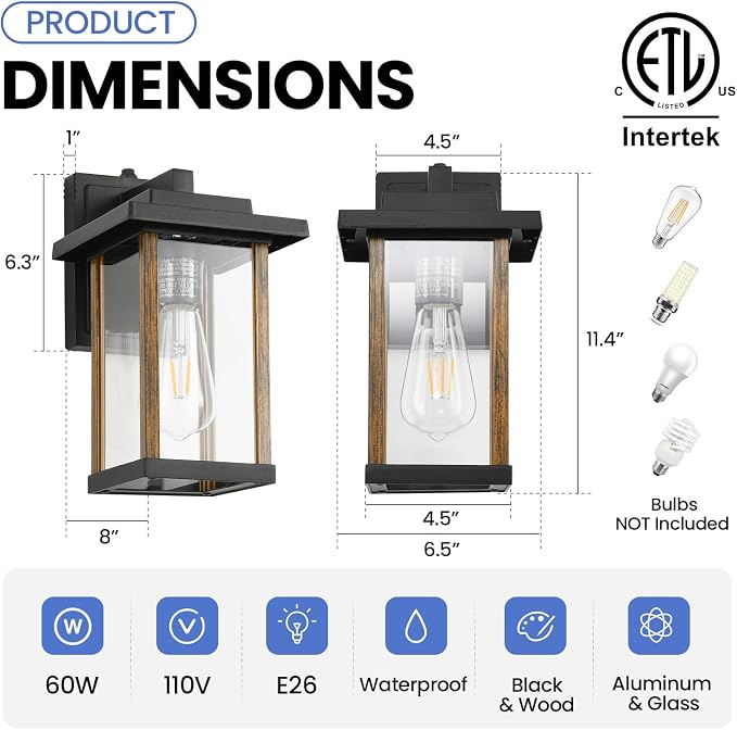 Dusk to Dawn Outdoor Wall Sconce in Wood Grain & Black, Clear Glass