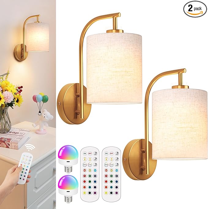 Battery Operated Wall Sconce Set of 2, Gold Wall Light Fixture | Rechargeable Wall Mount Light, Dimmbale Bulb & Remote, 12 RGB Colors & Timer, Wireless Wall Lamp Linen Shade, Bedroom Hallway