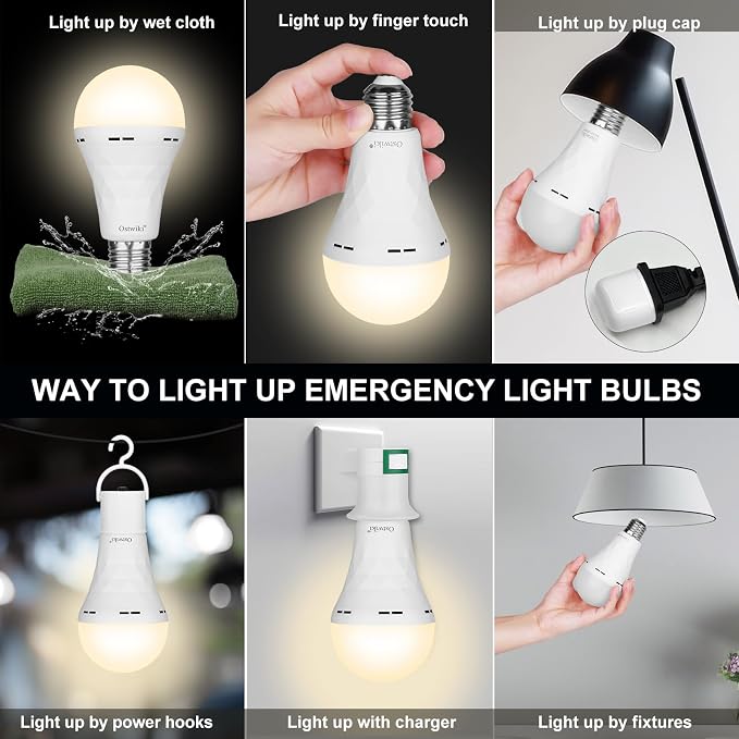 Ostwiki Rechargeable Emergency Light Bulbs for Power Outage, 2 Pack | A21 9W E27 3000K Warm Battery Backup Soft Light Bulbs for Lamps Self-Charging Lamps for Home Hurricane Preparedness Camping