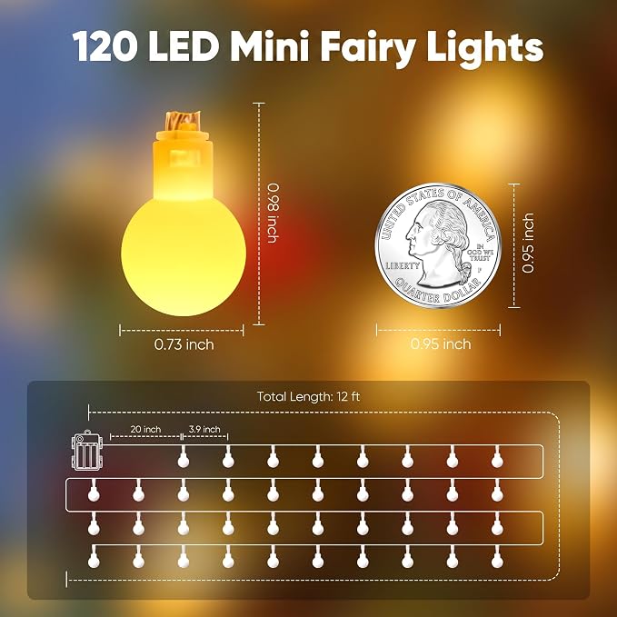 Minetom 2 Pack Globe String Lights Battery Operated, Totally 120 LED Fairy Lights with Remote, Waterproof for Indoor Outdoor Bedroom Classroom Dorm Camping Canopy Wedding Xmas Decor, Warm White