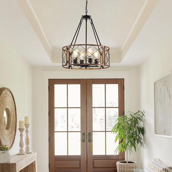 20'' Farmhouse Chandelier, 4-Light Black & Wood Grain Dining Room Light Fixture Over Table, Rustic Industrial Drum Hanging Pendant Lights Fixture for Kitchen Island Bedroom Hallway Foyer Entryway