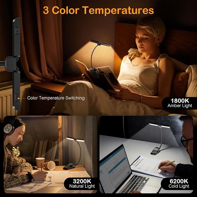 18 LED Rechargeable Book Light for Reading in Bed, Reading Light for Night | Eye Caring 3 Color Temps, Stepless Dimming, Brightness Memory, 70 Hrs Runtime, Clip on Light for Book Lovers Gift, Black