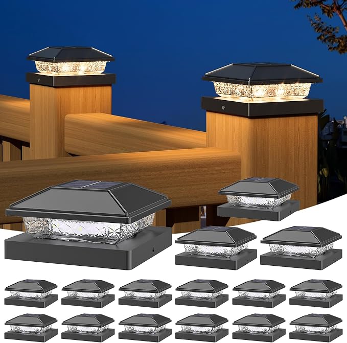 Solar Post Cap Lights,4x4 Post Solar Light,Warm White,16 Pack Black | Fence Post Solar Lights for 4x4 Post Caps Wood Vinyl, IP64 Waterproof Solar Post Lights Outdoor, Solar Deck Post Lights