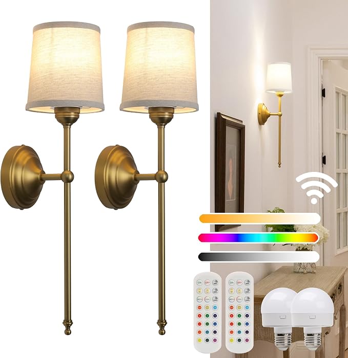 Battery Operated Sconces Wall Lighting Set of 2 with Fabric Shade | Linen Cloth Wall Sconces RGB Color Changing USB Rechargeable Wall Mounted Lamp for Living Room Bedside Nightstand Light