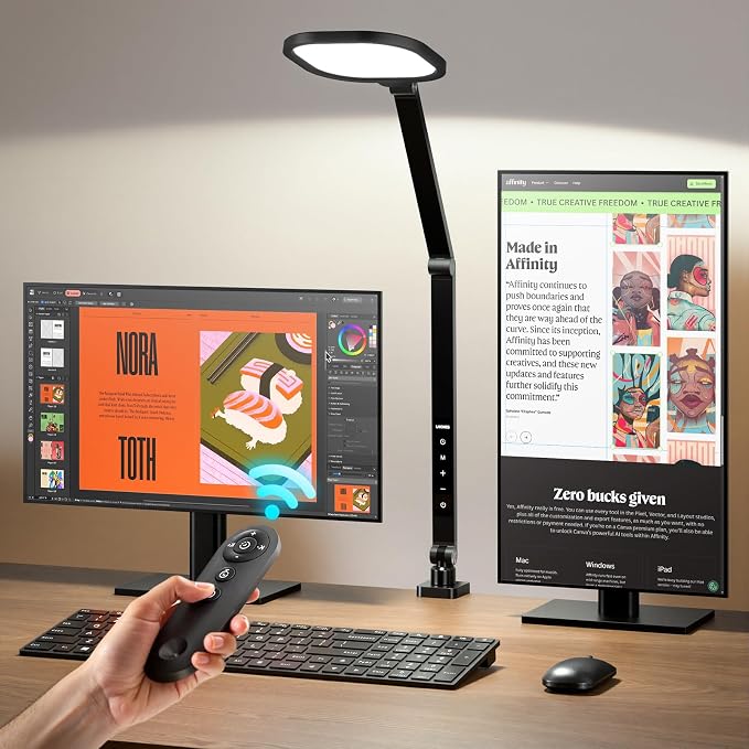 Desk Lamp for Home Office with Clamp | 2000LM Eye-Caring, Dimmable Zoom Lighting, 3 Colors & 10 Brightness, Remote Computer Ring Light, CRI>97.8