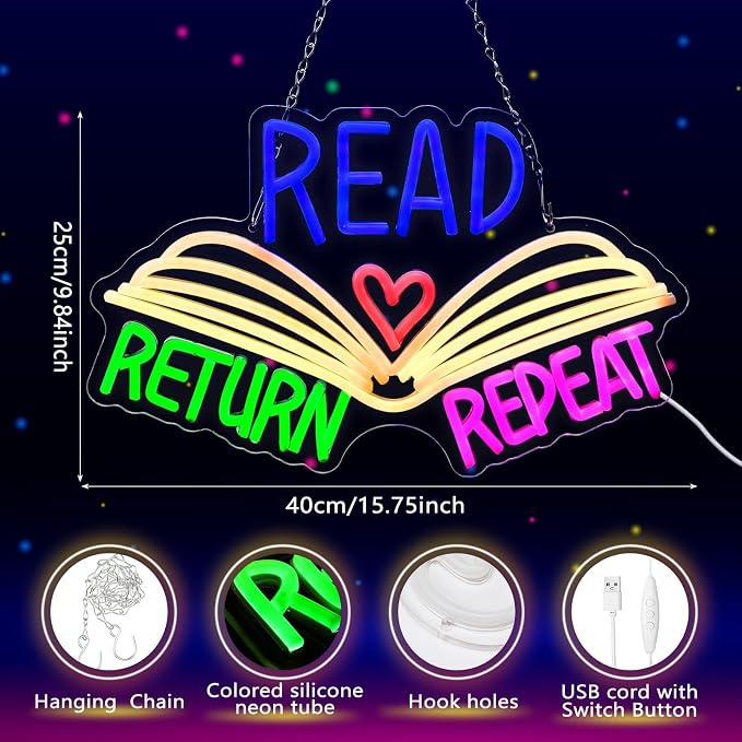15.8 x 10 Inches Read Neon Sign Read Return Repeat Book USB Dimmable Neon LED Sign for School Library Reading Corner Classroom Wall Decor, Study Room Gifts Art for Book Lover