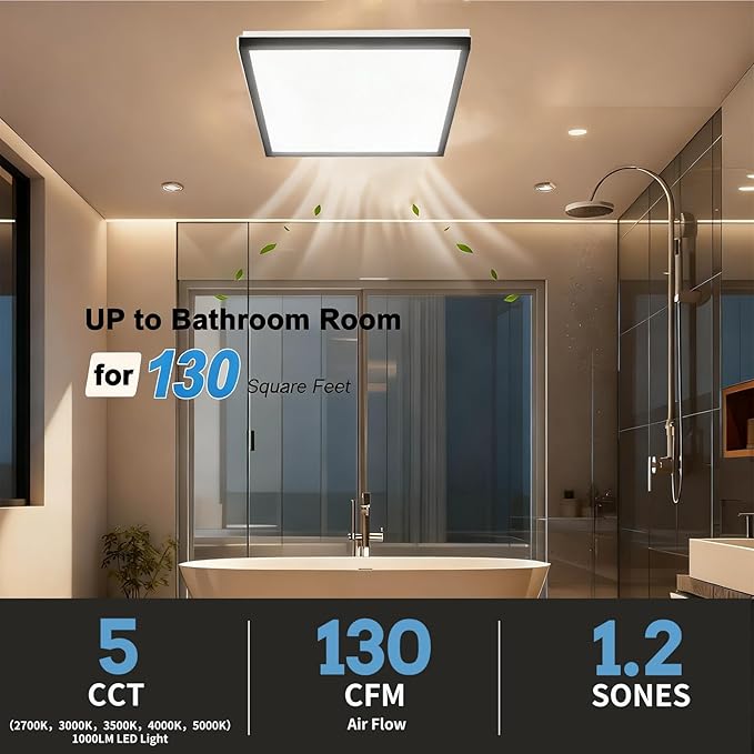 Tech Drive Modern Black Bathroom Exhaust Fan with Light - 130 CFM,1000lm Dimmable 5CCT LED Light with Night Light Selectable, 6-Inch Duct Quiet Ventilation Fan, Decorative Black Trim, Easy to Install