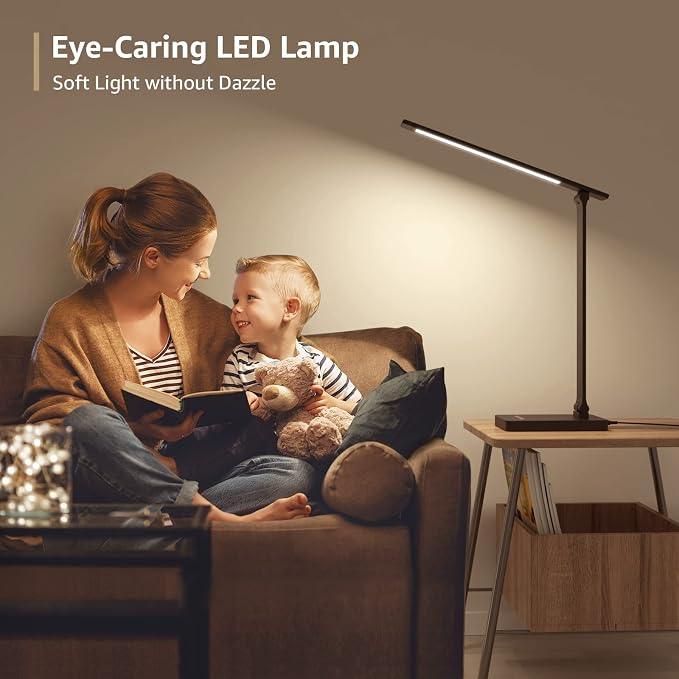 Lepro Desk Lamp with USB Charging Port for Home Office, 650LM 9.5W, Black | Dimmable Task Light, 5 Colors 5 Brightness, Eye Caring Table Lamp for Dorm Room, Sewing, Crafting, Reading, Nail, Drafts