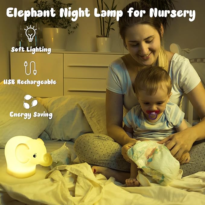 Elephant Night Light for Kids, Baby Nursery NightLight for Breastfeeding | New Born Baby Essentials Must Haves, BPA Free Silicone Night Lamp, Dimmable Nightlight, Rechargeable Light for Kids Adult