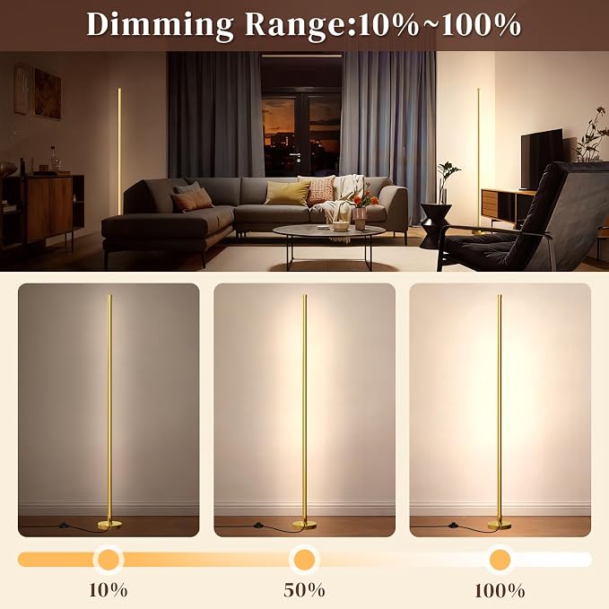 Corner Lamp,Minimalist LED Floor Lamp,Gold,1 Pack | Remote Control, Dimmable, 24 W, 7 Color Temperature 3000K-6000K, For Living Room, Bedroom, Home Office