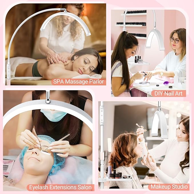 LIONVISON Half Moon Lash Light: 6500K LED Lamp Ring Light with Tray - 360° Flexible Gooseneck Durable Metal Stand - Salon Use for Lash Artists Eyelash Extensions (18In White)