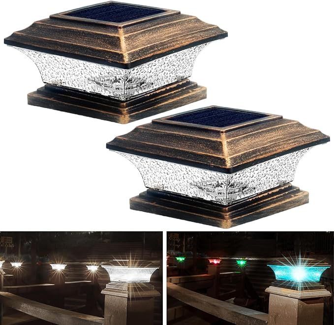 HUYIENO Solar Post Cap Lights Outdoor LED Lighting Deck Fence Cap Light 9 Light Modes Bright White/7 Color Fixed Modes/7 Color Cycling Mode Suitable for 4x4 5x5 Wooden Posts Brushed Copper 2pk