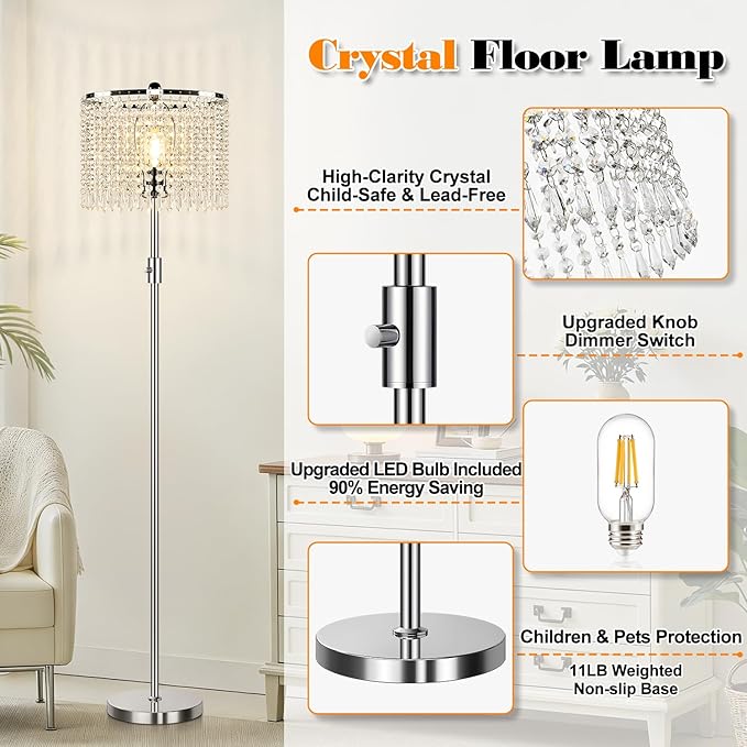 【Upgraded】 Dimmable Crystal Floor Lamps for Living Room, 1000LM LED Bulb Included, Standing Lamp with Knob Switch, Tall Silver Modern Floor Lamp for Bedroom Nursery Office Reading