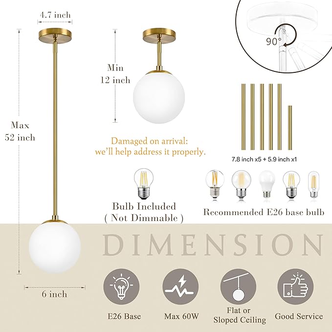 6" Globe Pendant Light Gold 2 Pack Mid Century Pendant Light Globe Pendant Lights Kitchen Island Brushed Brass Finished with Milk Glass Adjustable Ceiling Light Fixtures for Dining Room Bar