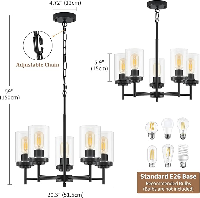 5-Light Farmhouse Glass Chandelier, Modern Black Chandelier for Dining Room Island Lights Industrial Hanging Foyer Lighting Fixtures Chandeliers for Entryway Kitchen Living Room Adjustable Height