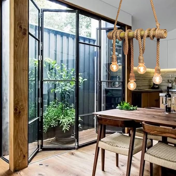Arturesthome 4 Heads Hemp Rope Ceiling Pendant Light, Vintage Bamboo Chandeliers Decoration, Rustic Industrial Hanging Lamp for Bedroom Restaurant Cafe Bar