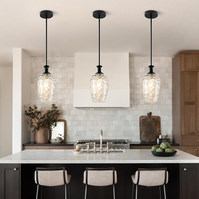 Glass Pendant Lights Kitchen Island, Modern Black Pendant Lighting Fixtures with Clear Glass Shade, Adjustable Hanging Light for Kitchen Sink, Dining Room & Bathroom (Bulbs Not Included)1 Pack