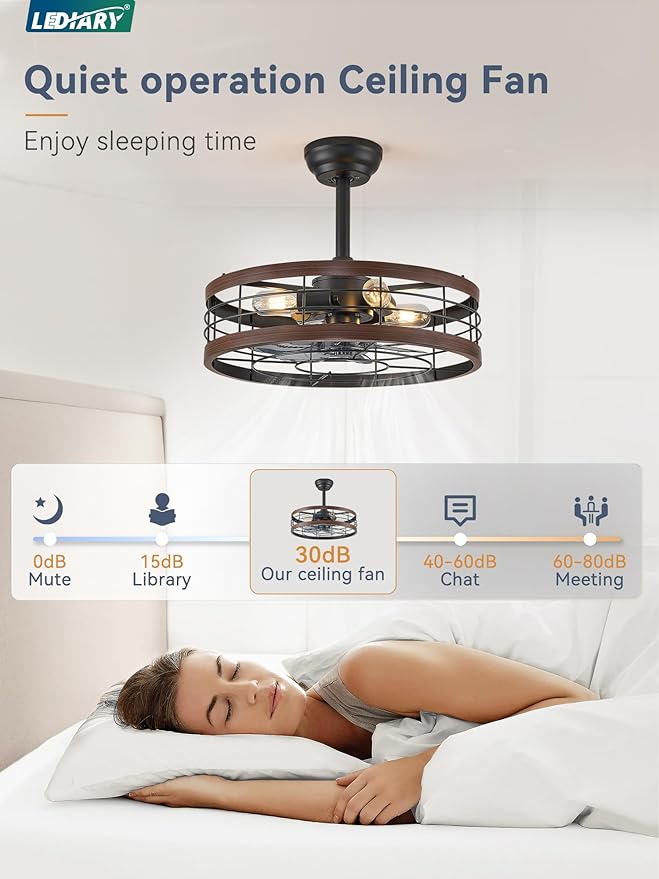 LEDIARY 20 inch Fandelier Caged Ceiling Fan with Light and Remote, Walnut | 6 Speed Adjustable,Timing, Quiet & Powerful DC, Small, Farmhouse, Industrial, Enclosed, Bladeless, Bedroom, Kitchen, Downrod