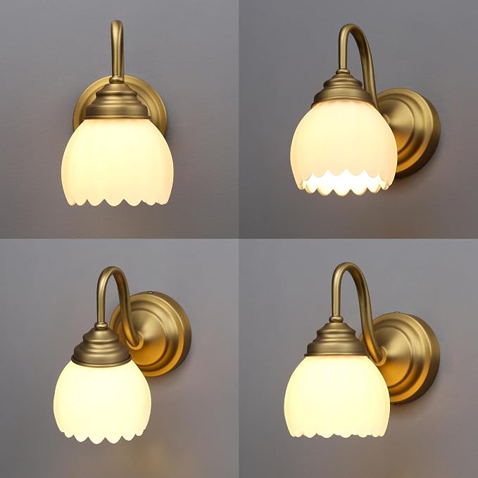 Phansthy Vintage Brass Boho Wall Sconces, Hardwired Wall Lights with Tulip Glass Lampshade, Brass Vanity Lamp Modern Wall Lighting Fixtures for Bedroom, Living Room, Hallway (Antique + White Shade)