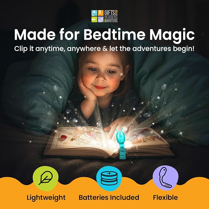 Gifts for Readers & Writers Book Light for Kids, Clip On Reading Light for Bed, 2in1 Flexilight Pals & Bookmark, Small & Lightweight with a Soft Glow, 2 Batteries Included, Bookworm Teal