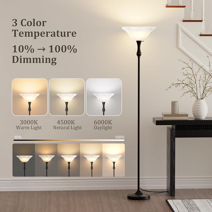 Dimmable LED Torchiere Floor Lamp with Glass Shade | Standing Lamp with Remote & Knob Switch, 3 Color Temperatures, 9W Bulb Included, 69.3" Tall for Living Room, Bedroom & Office