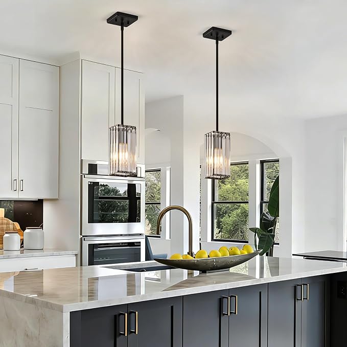 Modern Crystal Pendant Lights Kitchen Island, 3-Pack Black Hanging Light with Clear Crystal Shade, Adjustable Height Pendant Lighting for Kitchen Island Dining Room Bedroom Bar Entryway