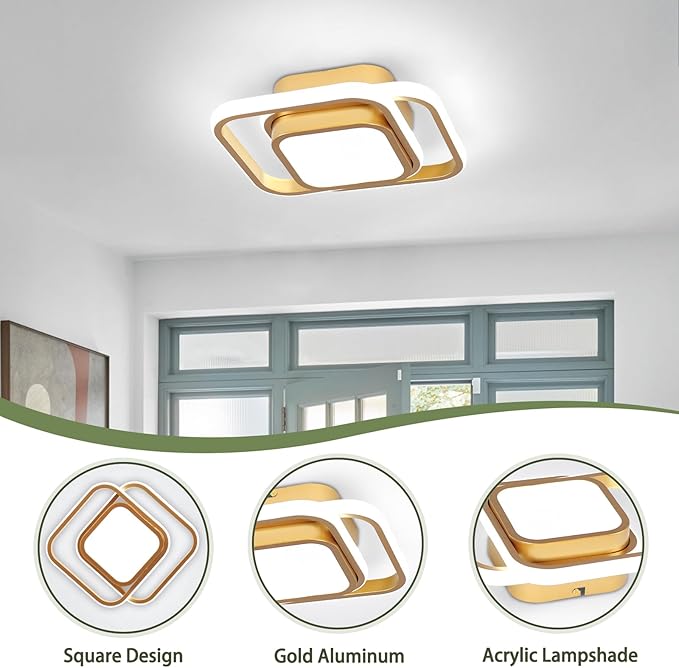 2 Packs Modern Led Ceiling Light Acrylic Square Small Ceiling Lamp Cool White 6000K Hallway Lighting Fixtures for Bedroom Kitchen Living Room Study Hallway Small Asile Lamp Corridor Lights (Gold)