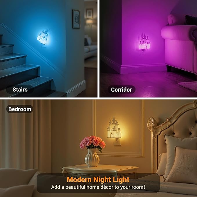JandCase Night Lights Plug into Wall,3D Printed Castle RGB Night Light,10-Color Change Night Light,Dimmable Nightlights with Dusk to Dawn Sensor for Rooms Bathroom Hallway