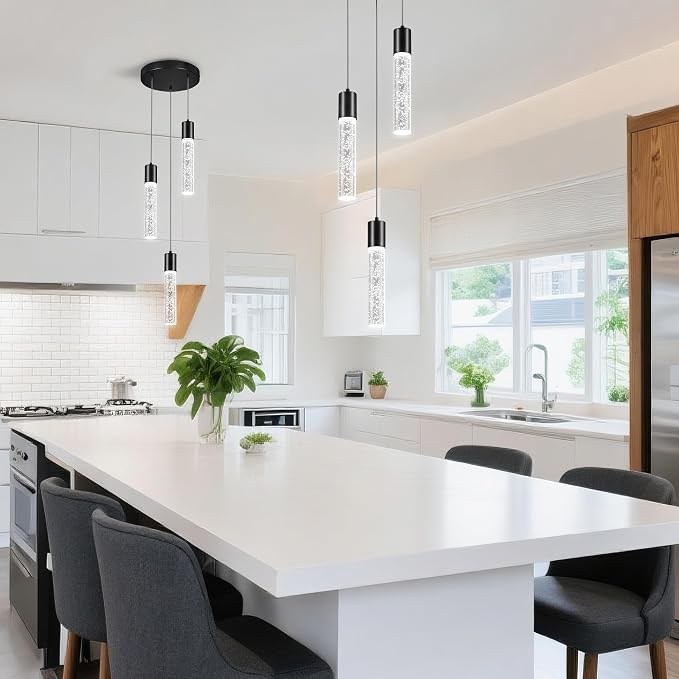 Pendant Lights Kitchen Island, 6500K Modern Kitchen Island Lights Brushed Black, Ceiling Lighting Fixtures with Crystal Bubble, Integrated LED Hanging Light for Dining Room 1 Pack(3-Light)