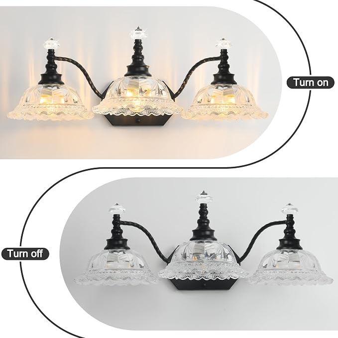 Vintage Bathroom Light Fixtures, 3 Light Black Vanity Lights with Floral Clear Glass Shades, Retro Wall Sconce for Mirror, Powder Room, Bedroom