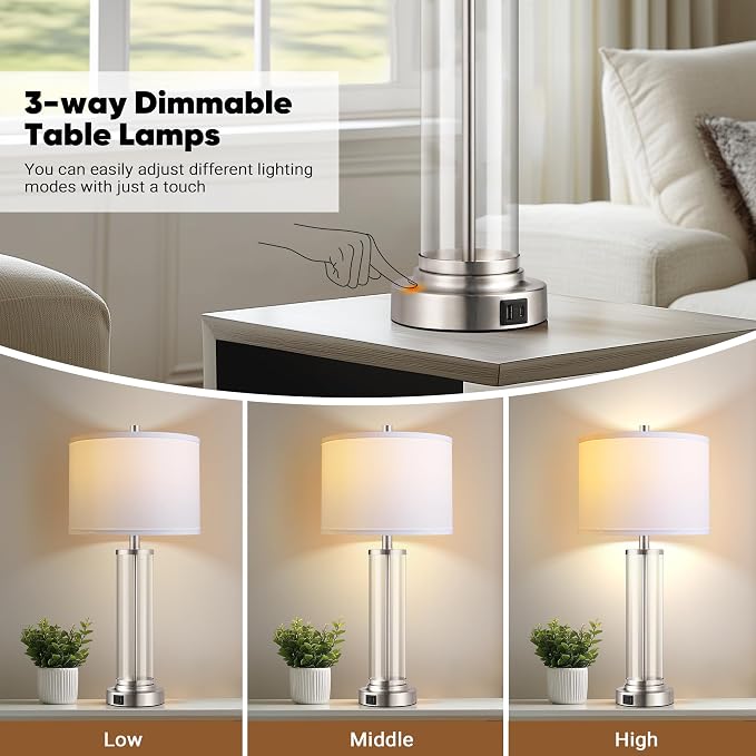 QiMH Touch Control Table Lamps Set of 2 with USB A+C Ports, 3-Way Dimmable Bedside Lamp for Living Room Bedroom House, Modern Nightstand Lamp with 2 LED Bulbs | 2 Dimmable LED Bulbs, USB A+C Charging Ports, Modern Silver Glass Lampshade, Seamless Dimmi...