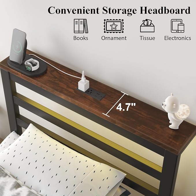 LOEWAY Twin Size Metal Bed Frame with Storage Headboard & LED Lights, Black | Built-In Charging Station, Under-Bed Storage, Heavy Duty Metal Slats, No Box Spring Needed, Solid and Stable, Easy Assembly