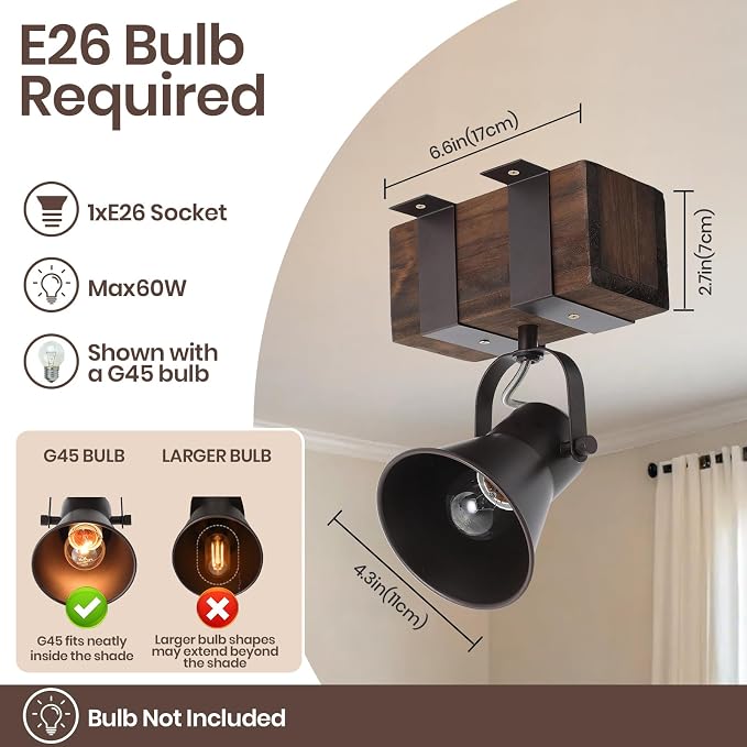 Rustic Ceiling Light, 1 Light Semi Flush Mount Ceiling Light, Farmhouse Wooden Spotlight Ceiling Light with Adjustable Head for Kitchen Sink Hallway Entryway Bedroom
