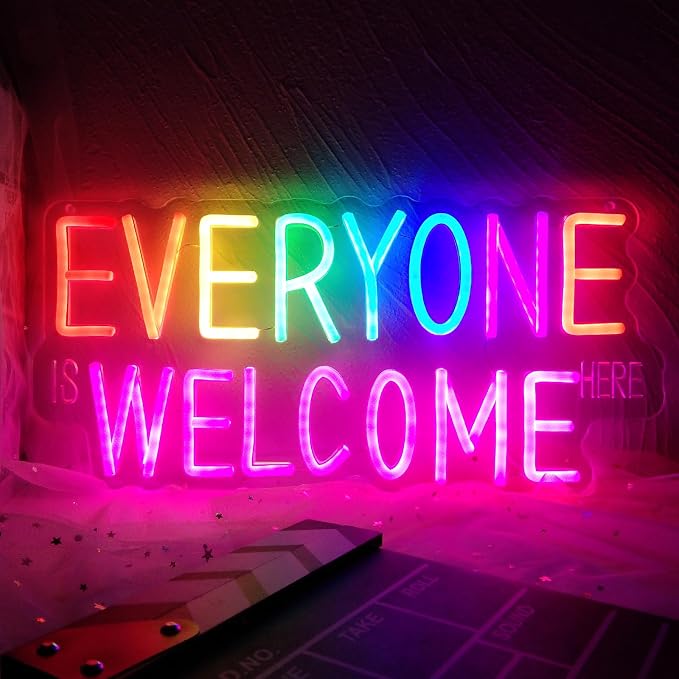 Everyone is Welcome Here Neon Sign, Dimmable Classroom Neon Sign Lights for Wall Decor, USB Positive Affirmation LED Neon Light, Welcome Signs for Classroom Teacher Gifts Rainbow Pride Diversity Decor