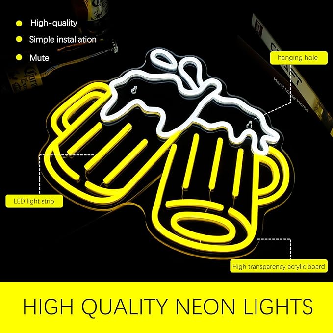 Beer Neon Sign for Wall Decor Dimmable Bar Neon Sign Led Beer Neon Lights Signs Neon Beer Sign for Man Cave Beer Bar Pub Store Bedroom Restaurant Club Hotel Party Decor Gifts