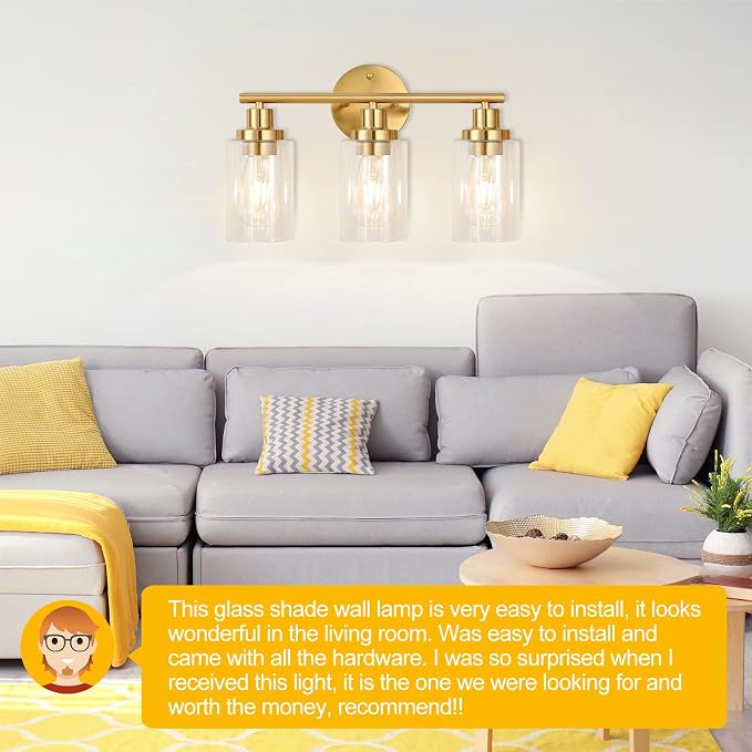 Brushed Brass Bathroom Wall Light Fixtures 3 Lights Vanity Wall Sconce with Clear Glass Shade Modern Farmhouse Wall Lamp for Bathroom Mirror Kitchen Living Room Workshop