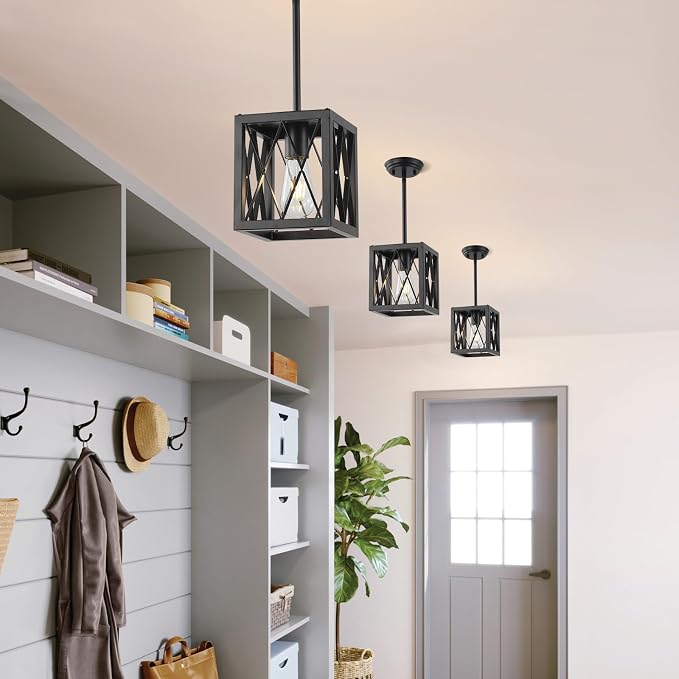 KEESFU Farmhouse Pendant Light with Metal Cage,1 Light Black Pendant Lighting for Kitchen Island,39 Inch Adjustable Rods for Flat and Slop Ceiling,Kitchen Island Hallway Foyer.2 Pack.