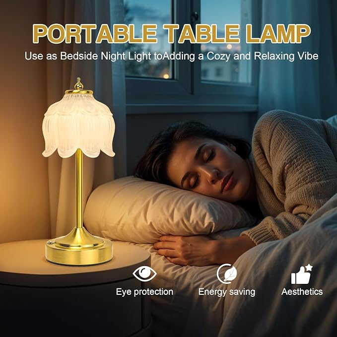 Cordless Table Lamp, Rechargeable White Glass Lotus Flower Lamp | 5200mAh touch lamp with 3 color modes and stepless dimming, battery operated lamp for nightstands and kitchen counters