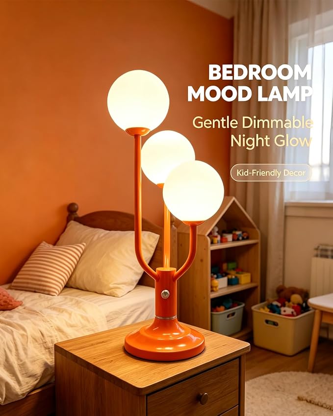 Orange Table Lamp Dimmable Vintage Globe Lamp G9 3 Bulbs Included | Mid Century Modern Desk Lamp Night Light Warmwhite Ambient Nightstand Bedside Lamp for Living Room Bedroom Home Decor Gift