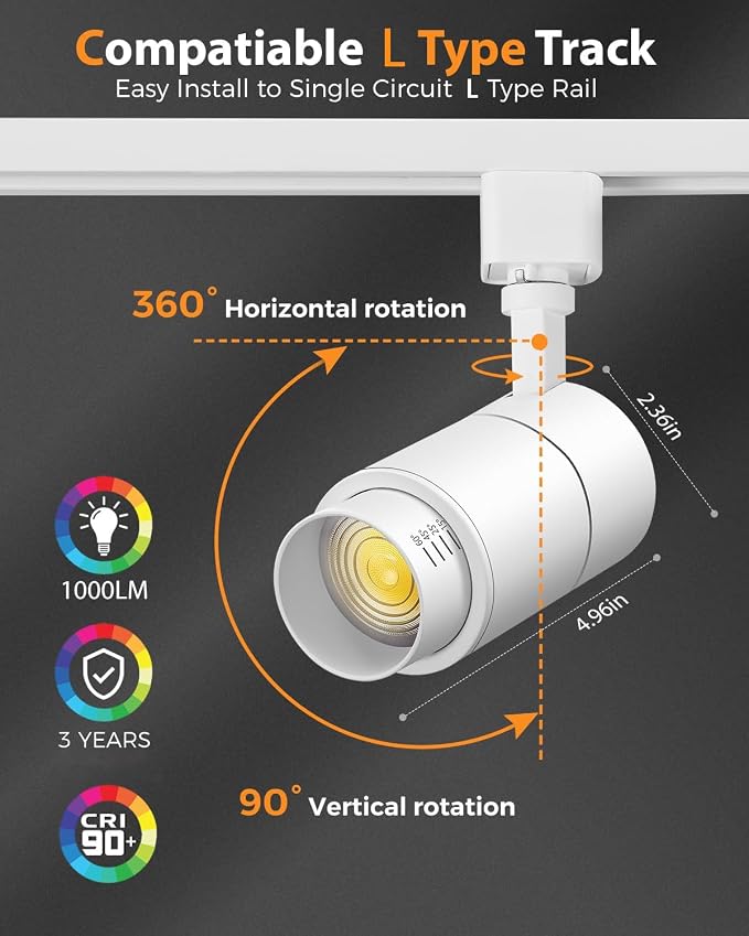 L Type Track Lighting Heads 10W, 3-Color Zoomable, 4 Pack, White | Dimmable | 3000K 4000K 5000K Selectable | Beam Angle Adjustable LED Track Light Heads | 1000lm Bright