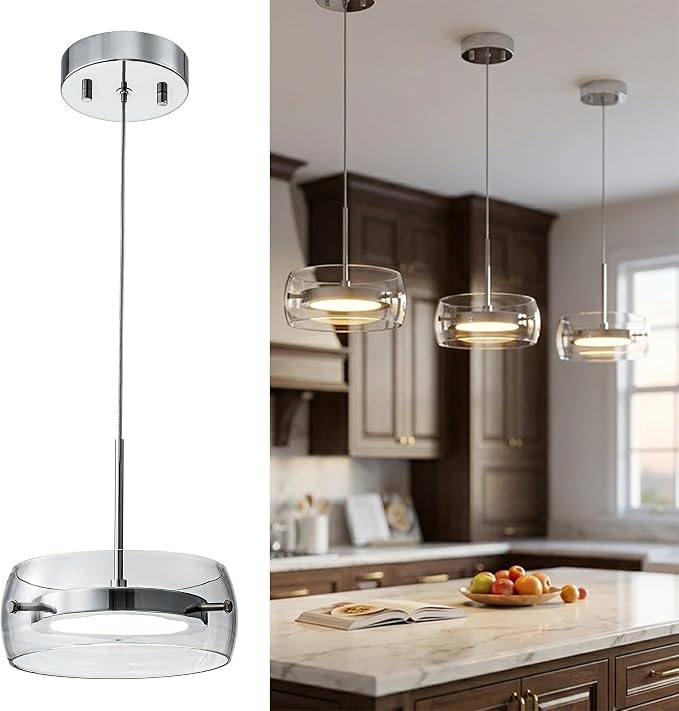 3-Modern Pendant Lights Kitchen Island, Dual-Sided LED 3-CCT Dimmable Glass Hanging Lighting Fixture, Adjustable Cable for Dining Room, Bar, Over Table, Sloped Ceiling Chrome Silver