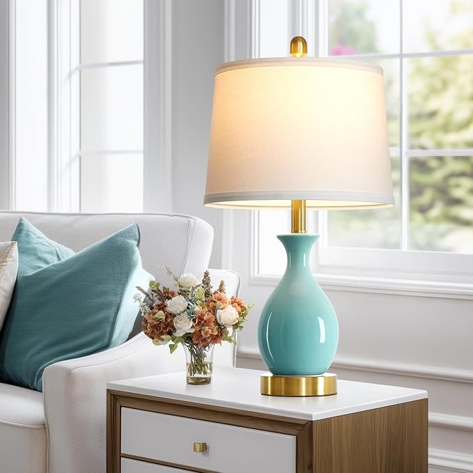 24" Aqua Blue Ceramic Table Lamps Set of 2, Modern Classic Bedside Lamps for Bedroom Nightstand, Small Table Lamp for Living Room End Table (2 LED Bulbs Included)