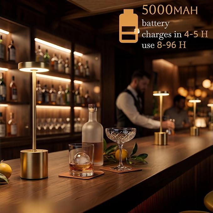 Cordless Table Lamp Set of 2, Gold Rechargeable Table Light | 5000mAh Battery Wireless 3 Color Dimmable Touch Lamp Table Light for Restaurant Dining Patio Outdoor, Home Decor, Puzzle