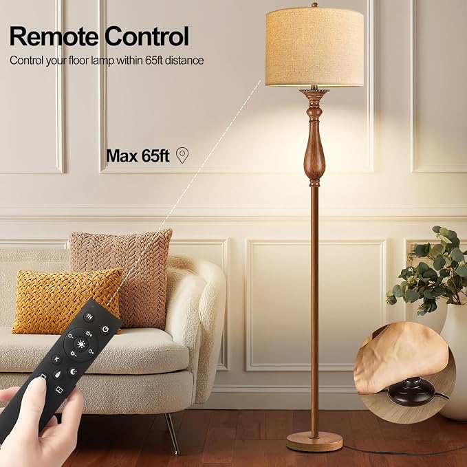 AHDWDW Floor Lamp for Living Room Bedroom,Mid-Century Modern Floor Lamp with Fabric Shade,Farmhouse Boho Floor Lamps with Remote,Dimmable & Adjustable Color Temperature Standing Tall Lamp for Corner
