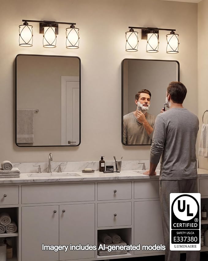 3-Light Oil Rubbed Bronze Bathroom Light Fixtures Over Mirror, 21" UL-Listed Modern Farmhouse Wall Sconce Lights with Milk White Frosted Glass and Metal Cage for Bath, E26, CH9176ORBW-3W