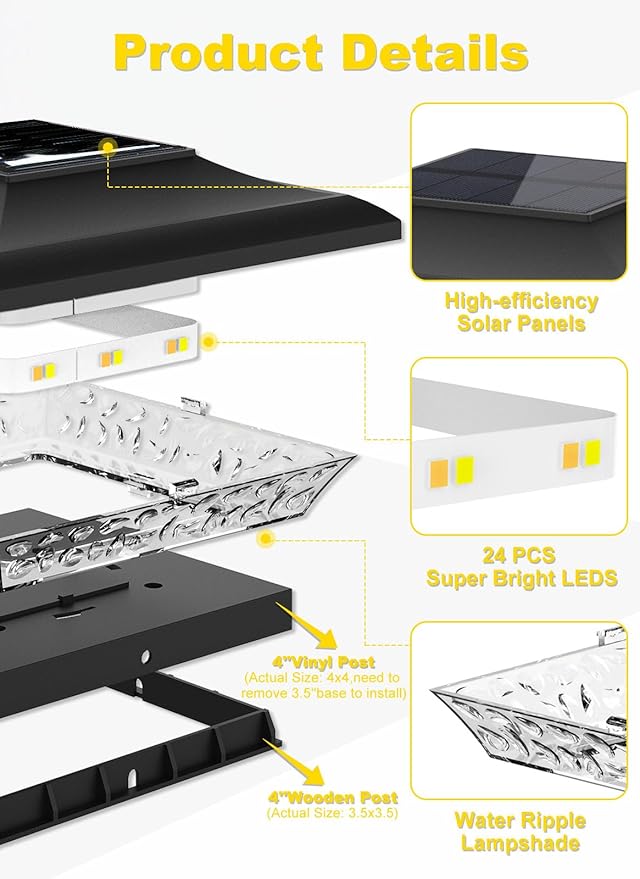 T-SUN Solar Post Cap Lights 6 Pack for 4x4 Vinyl/Wooden Posts, Waterproof Outdoor Warm & Cool White（3000K/6000K） Solar Powered Deck/Garden/Patio Lighting