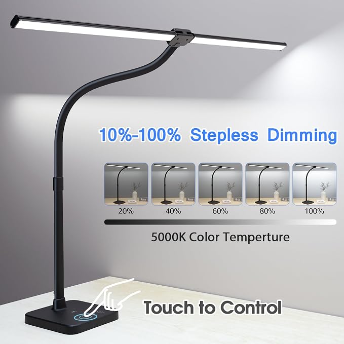ShineTech LED Desk Lamp, 24W Double Head Desk Light with Wireless Charging | 5000K Daylight White, 25 Lighting Modes, USB Port, Dual Swing Arm, Eye-Caring, Auto Timer & Memory for Office Dorm Piano Nail